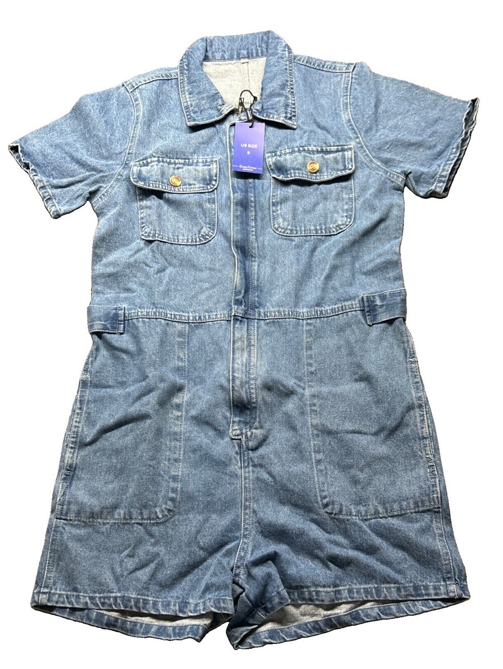 ChouYatou Denim Utility Jumpsuit Romper Women’s Small Shorts Sleeve Zip Up